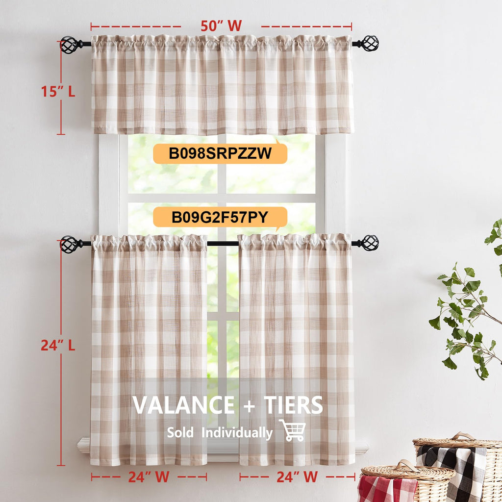 Plaid Kitchen Tier Curtains for Basement Laundry 27x24 Taupe White Check 2