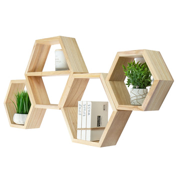 Hexagon Floating Shelves Set of 4 - Solid Wood Wall Mounted Shelves - Honeycomb Geometric Display Shelves - Natural