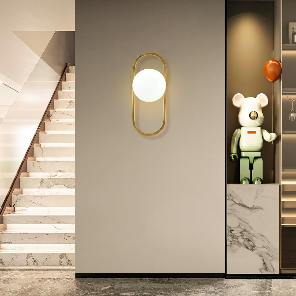 Mid Century Wall Sconces Modern Gold Vanity Wall Lamp with White Globe Lampshade Wall Light Fixture for Bathroom
