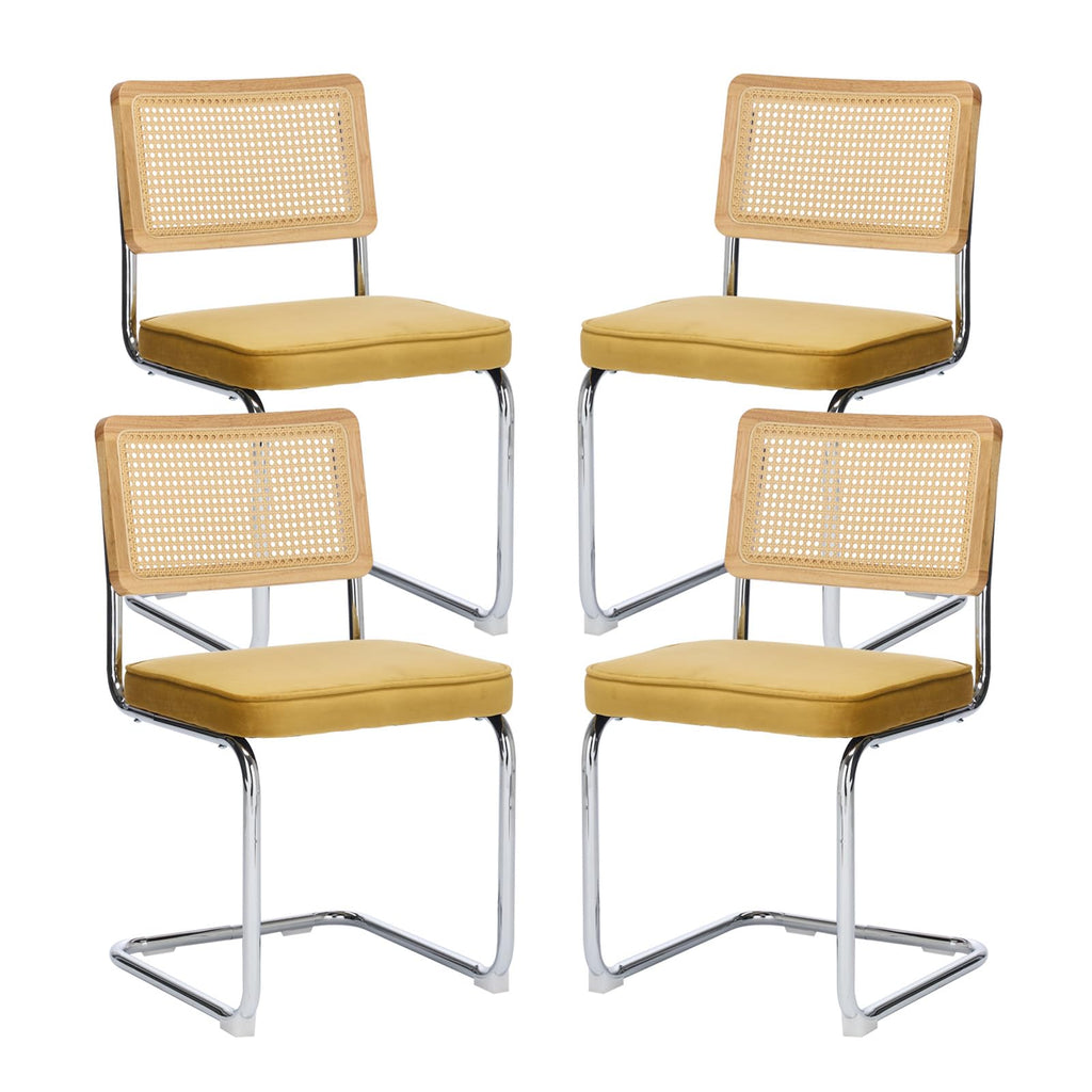 Rattan Dining Chairs Set of 4, Upholstered Mid-Century Modern Dining Room Chairs with Cane Backrest, Retro Velvet