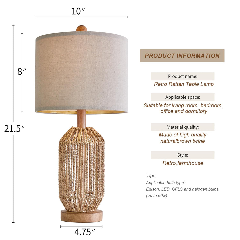 21" Boho Table Lamp, Bedside Lamp for Nightstands, Rattan Lamp, Farmhouse Table Lamp for Room Decor, End Table