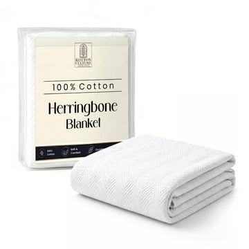 Luxury Cotton Blanket for Queen Size - Breathable Herringbone Blanket, All Season Bed Layering, 350 GSM Cozy Soft