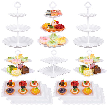 12-Pack Dessert Table Display Set, 6 Cupcake Stands and 6 Dessert Trays, Plastic Dessert Display Stands and Cake
