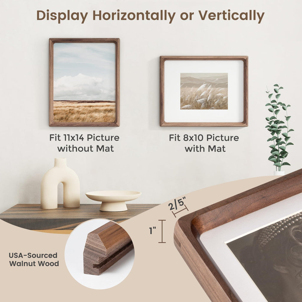 11x14 Picture Frame, USA-Sourced Walnut Wood Photo Frames with HD Tempered Glass, Handcrafted Rounded Corner 11 x 14