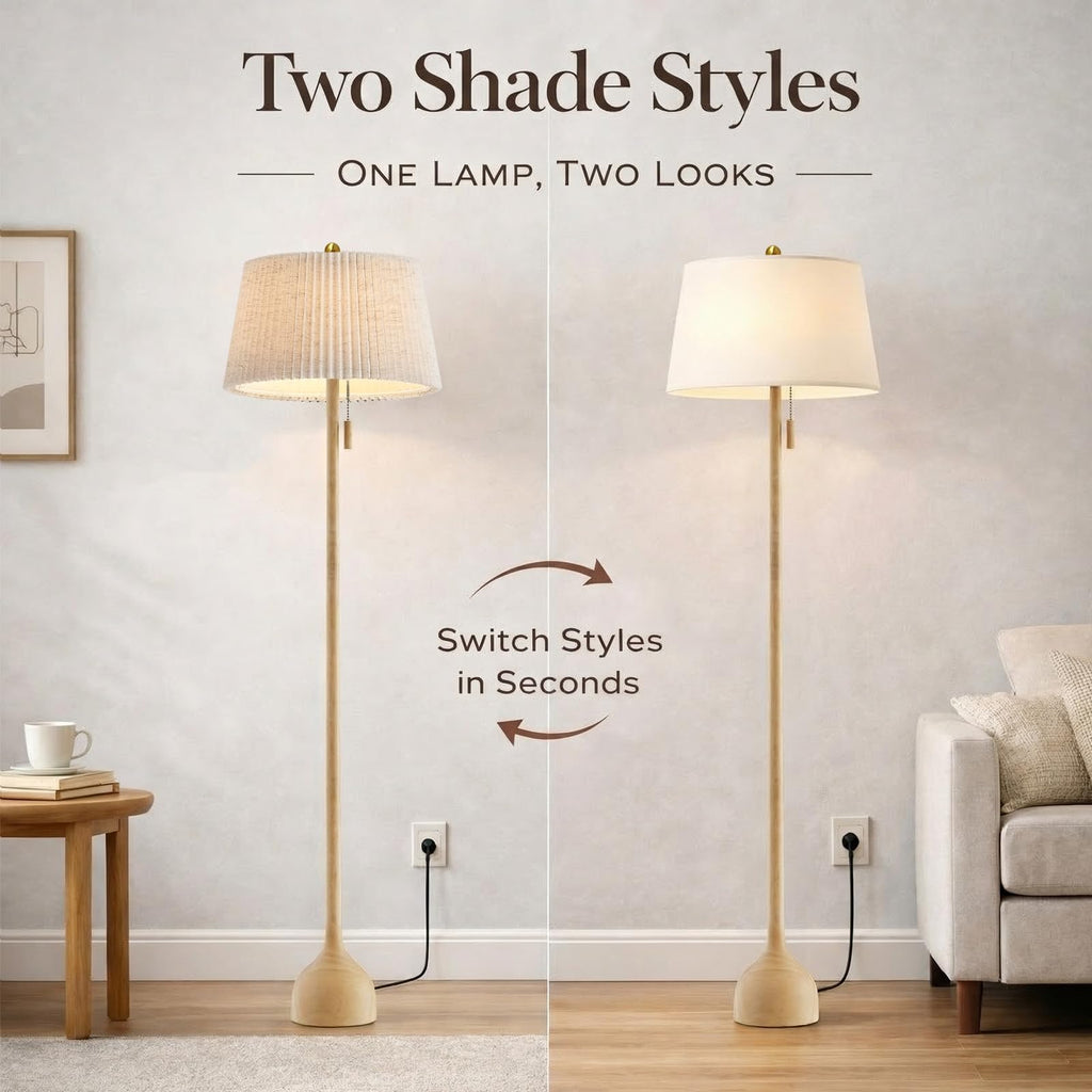 Mid Century Modern Real Wood Floor Lamp with 2 Shades for Two Looks