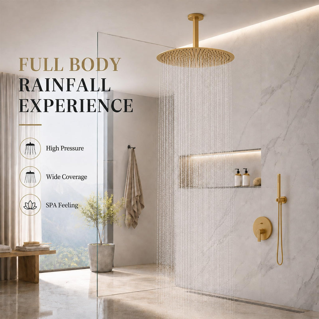 Gold Rain Shower Head, 16 Inch High Pressure Shower Head, 304 Stainless Steel Ceiling Mount Extra Large Waterfall Top
