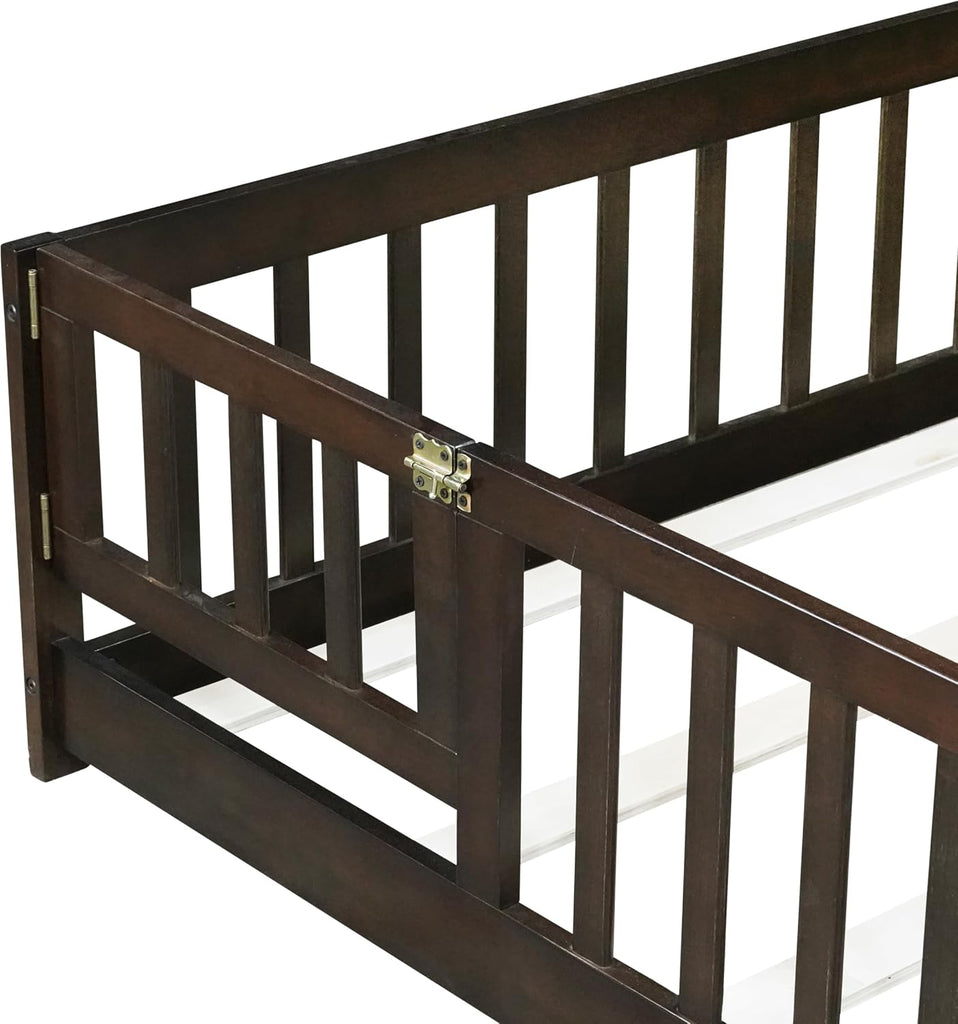 Floor Bed for Kids, Girls, Boys, Rubber Wood Floor Bed with slats and Door/Rails/Fence, Espresso