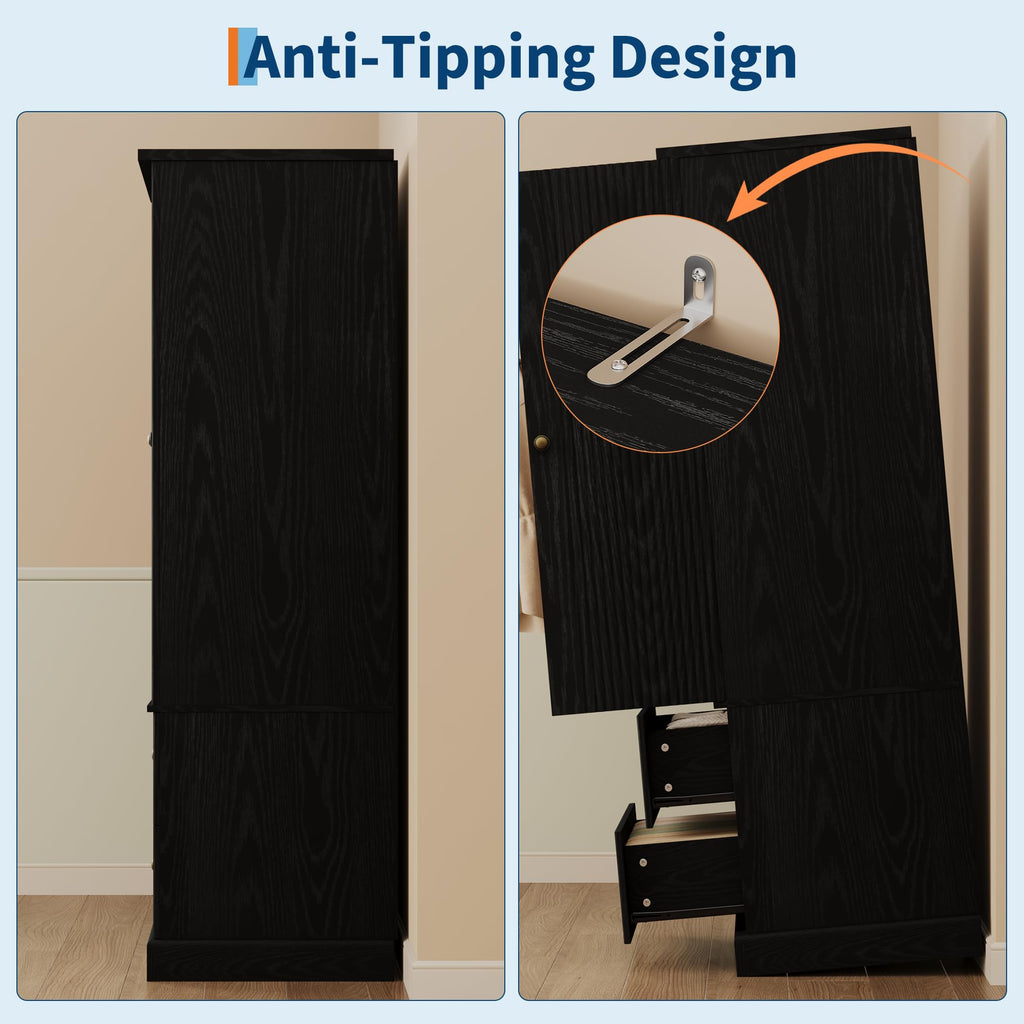 72" Tall Wood Armoire Wardrobe Closet, Fluted, 2 Drawers, Black