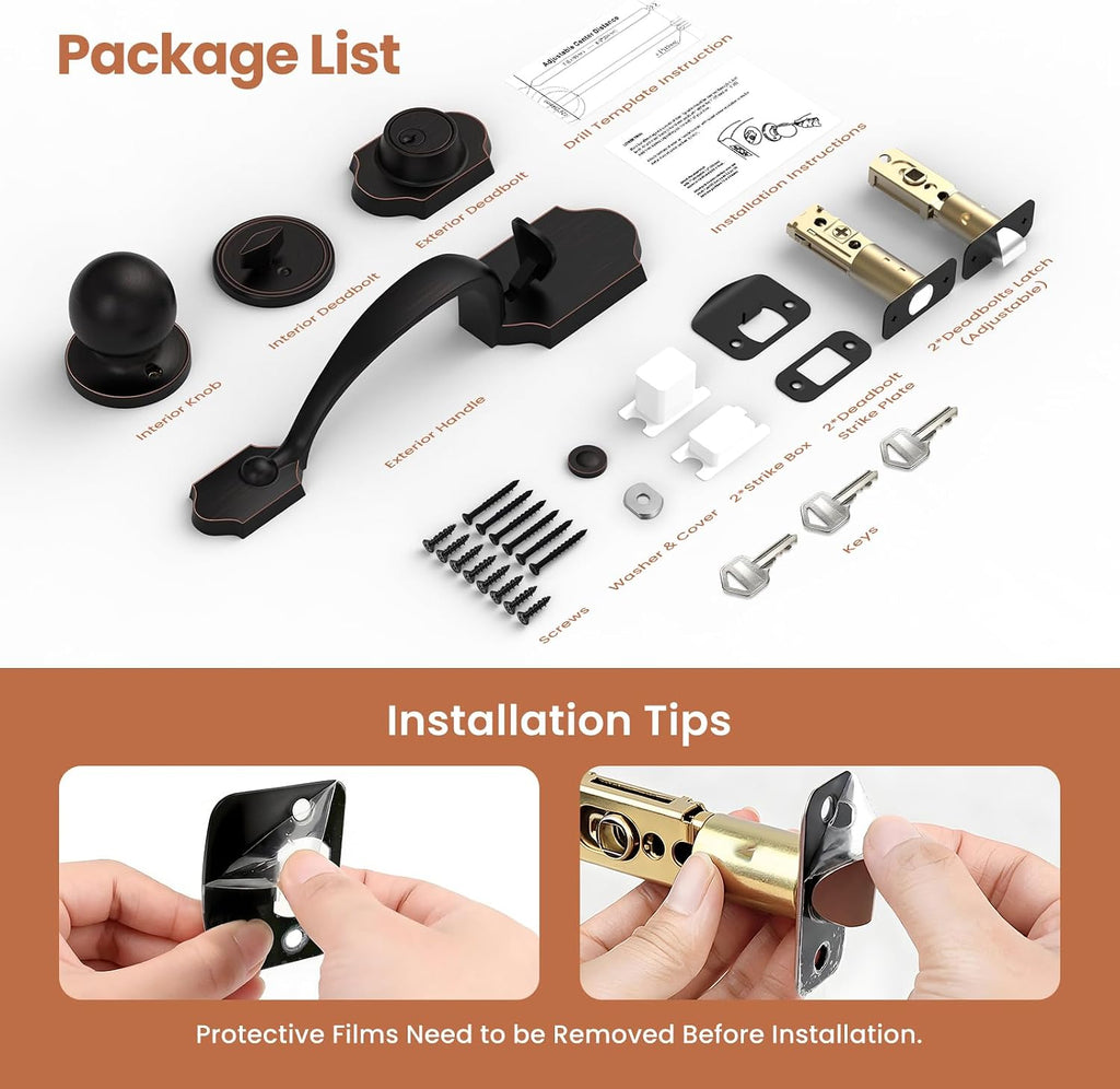 Entry Door Lock and Deadbolt Set, Aged Bronze Exterior Door Handle with Interior Door Knob for Entry Doors, Front
