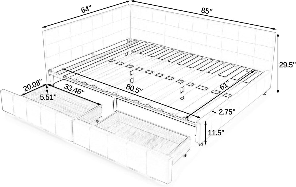 Queen Size Daybed with Storage Drawers, Upholstered Corner Bed with L Shaped Headboard, Velvet Daybed Frame Guest
