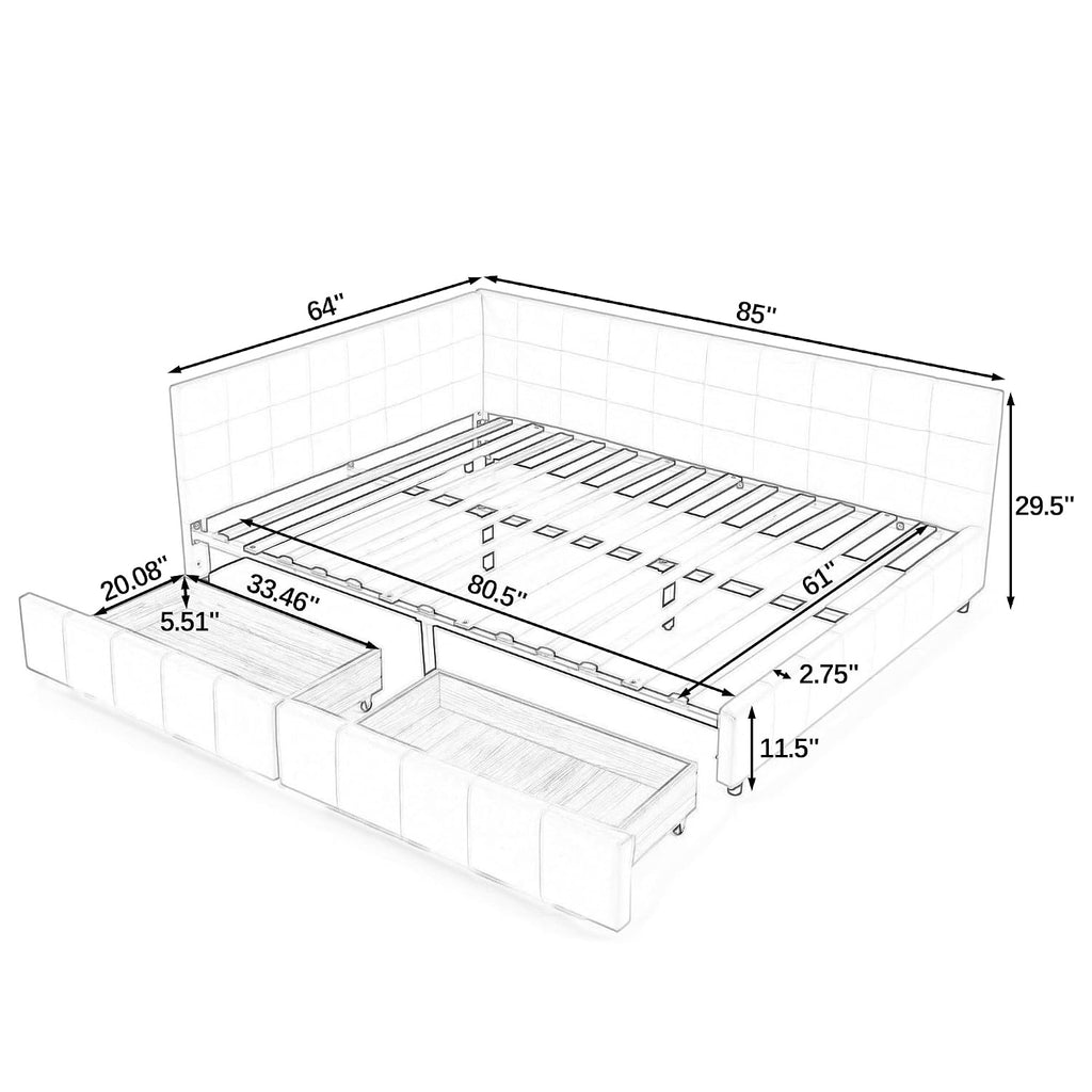 Queen Size Daybed with Storage Drawers, Velevet Upholstered Day Bed Frame with Tufted Backrest and Armrests,Solid