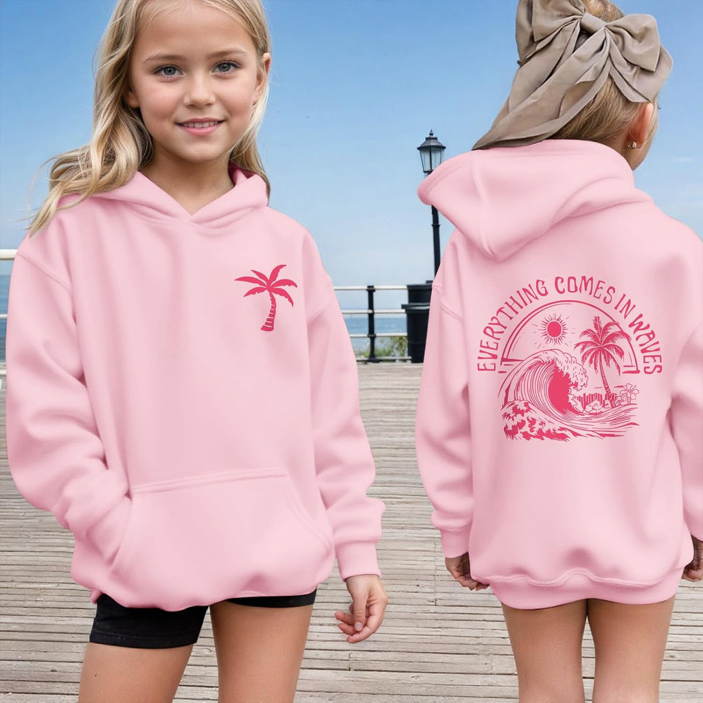 Girls Palm Graphic Hoodie Beach Cute Hoodies With Pocket Kids Preppy Sweatshirt Ocean Pullover Long Sleeve Top