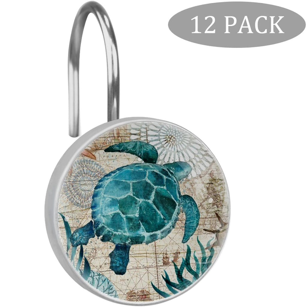 12pcs Ocean Turtles Shower Curtain Hooks, Retro Turtles Decorative Shower Curtain Hanger Rings Roller, Stainless