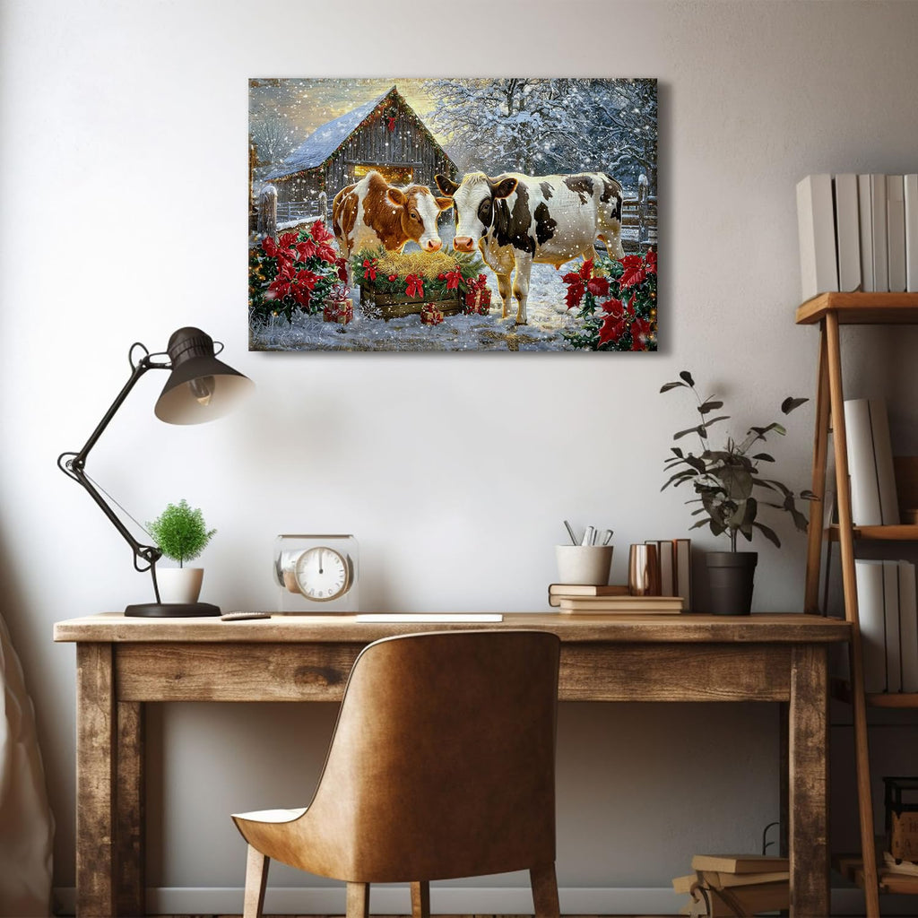 Farmhouse Cow Canvas Wall Art Living Room Bedroom Kitchen Wall Decor Merry Christmas Print Painting Framed