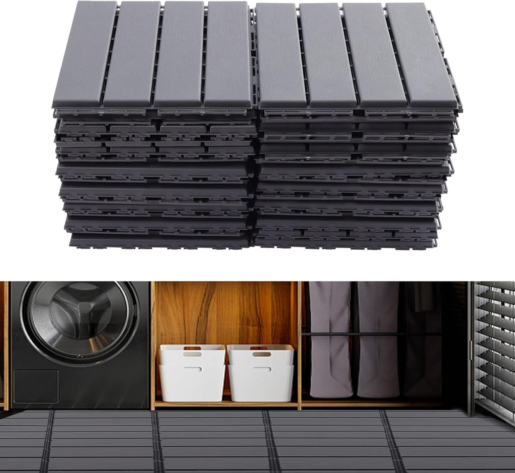 30PCs Plastic Interlocking Patio Deck Tiles,12"x12" Waterproof Outdoor Flooring,Dark Grey Outdoor Imitation Wood