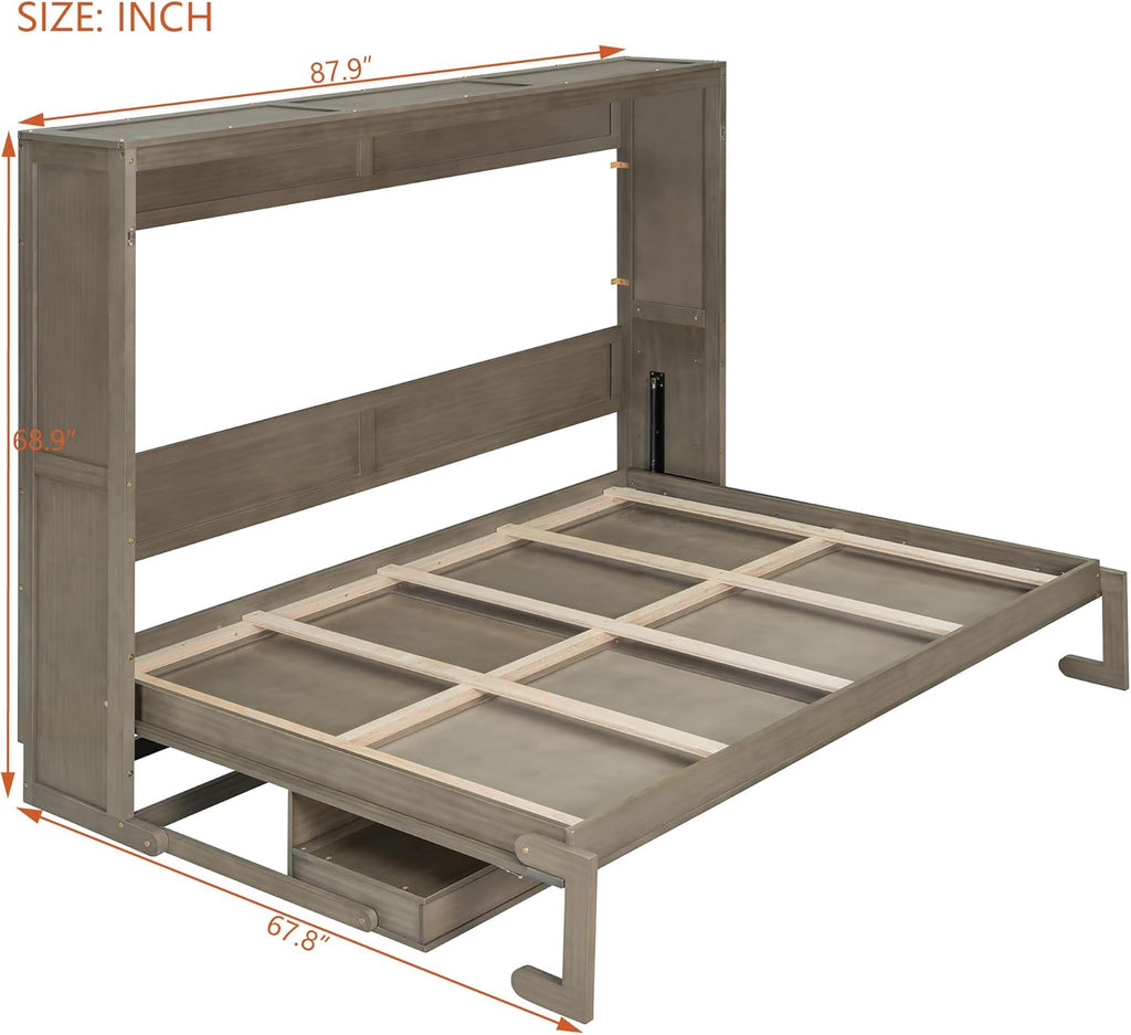 Queen Horizontal Murphy Bed with Desk and Storage Drawers & Mirror, Wood Farmhouse Folding Murphy Bed Cabinet with