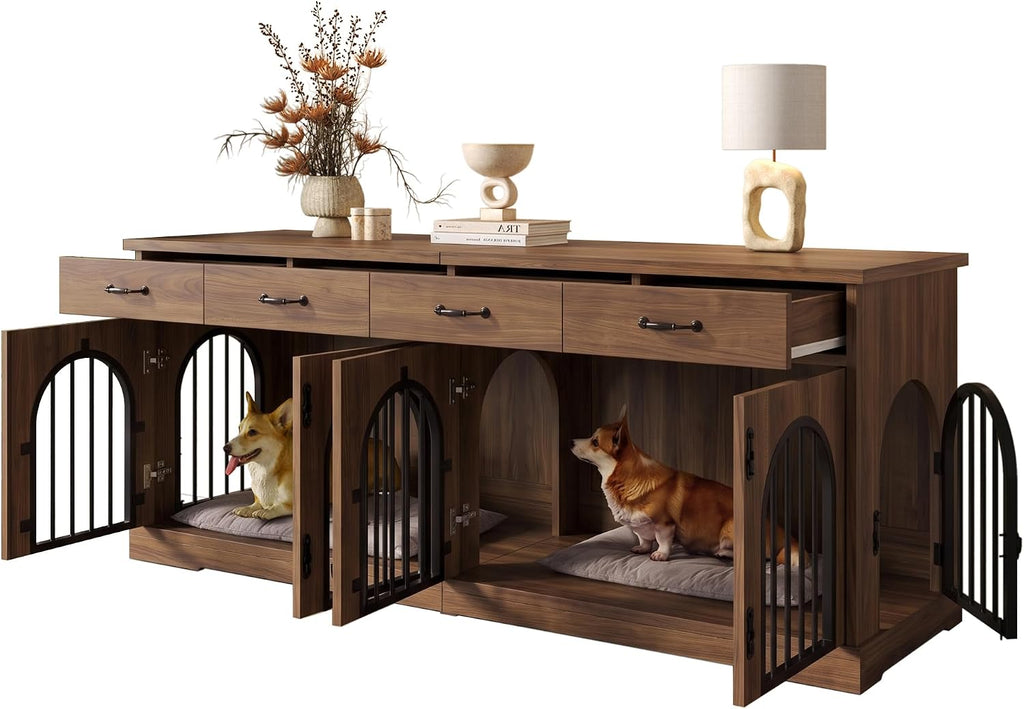 Dog Crate Furniture TV Stand for 2 Dogs, Brown