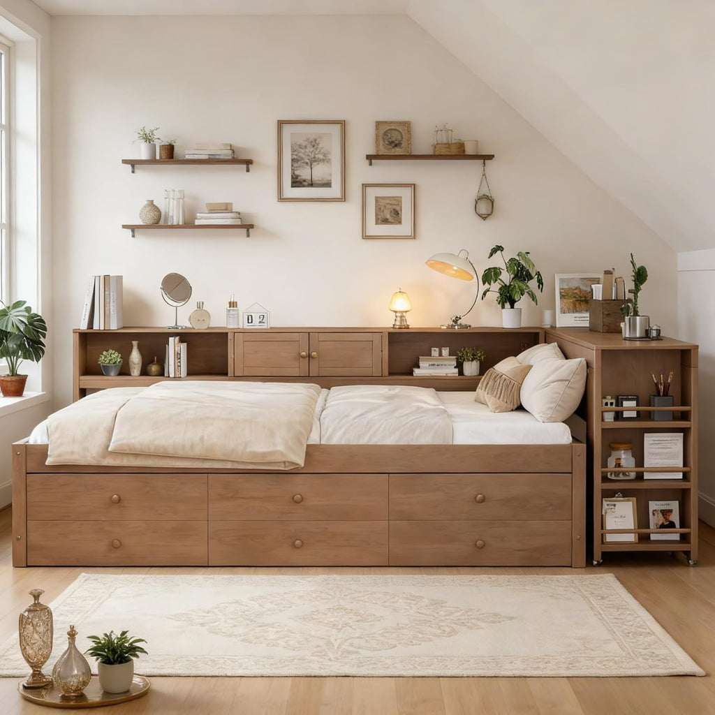 Twin Daybed Frame with Desk, Trundle & Drawers Brown