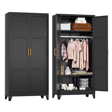 Metal Wardrobe Closet, 72" H Bedroom Armoires with Wooden Handle, Metal Cabinet with Adjustable Shelves and Hanging