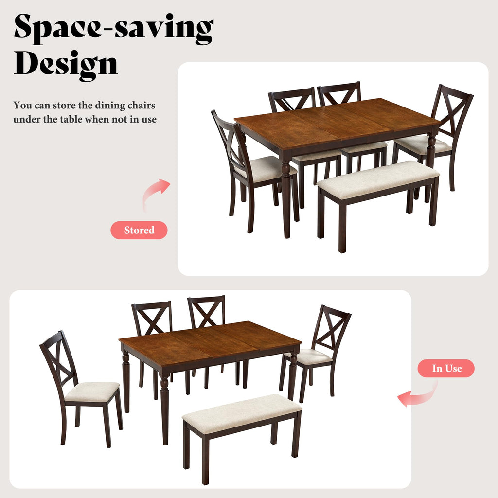 6 Piece Farmhouse Dining Set with 60" Solid Wood Table, Brown