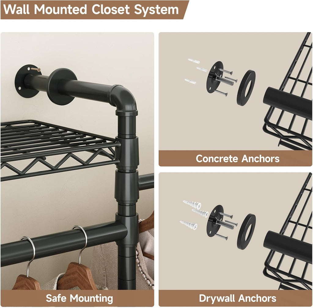 Wall Mounted Garment Rack, Industrial Pipe Clothing Rack, Closet System with 6 Expandable Rods, Walk in Closet