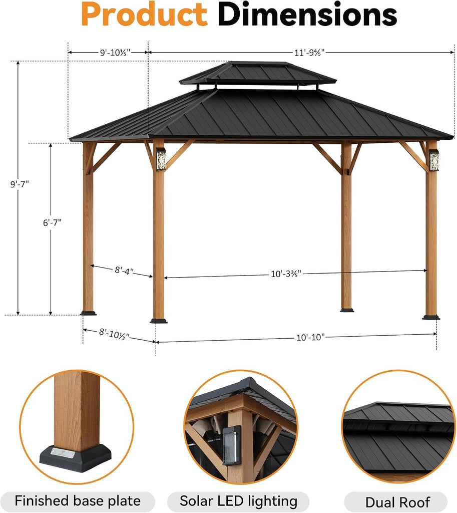 Modern Shade Hardtop Gazebo 10x12 with 4 LED Lights Wood Grain | Permanent Hard Top Gazebo with Galvanized Steel Double