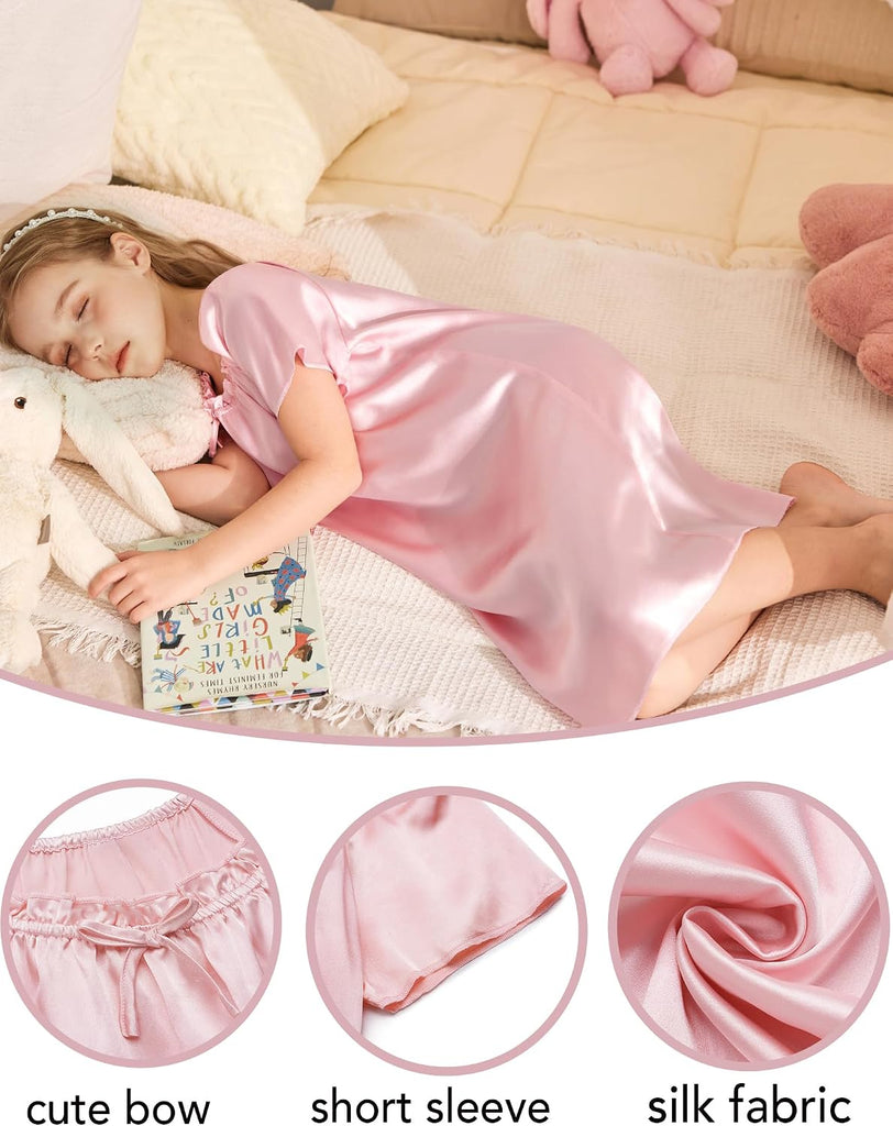 Girls Nightgowns Satin Pajama Dress Short Sleeve Sleepwear