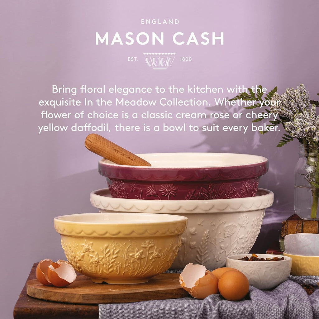 In the Meadow Batter Bowl, 2 Quart Ceramic Batter Mixing Bowl with Handle & Pour Spout, Embossed Floral Design