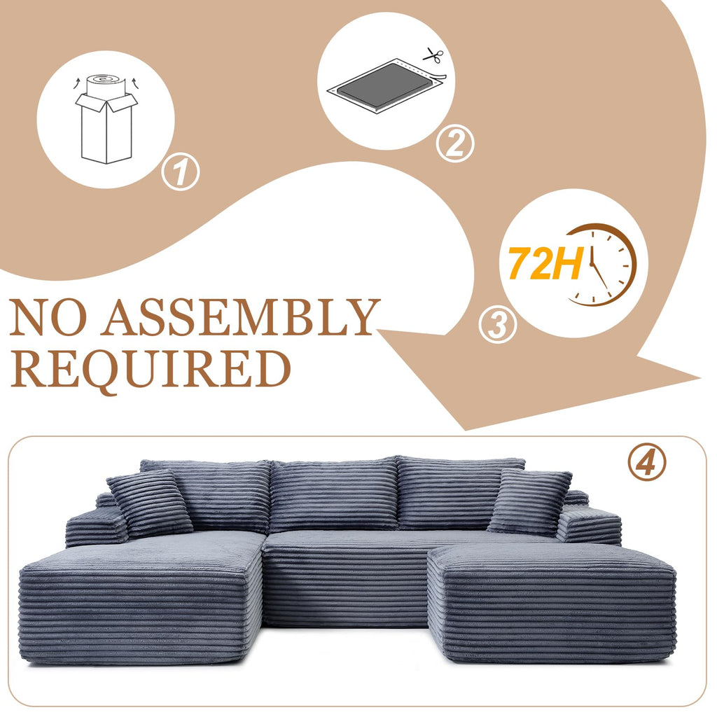 108" Cloud Sectional Couch, Modern Boneless Couch with Chaise, Deep Seat Modular Sectional Sofa Corduroy Foam Couches