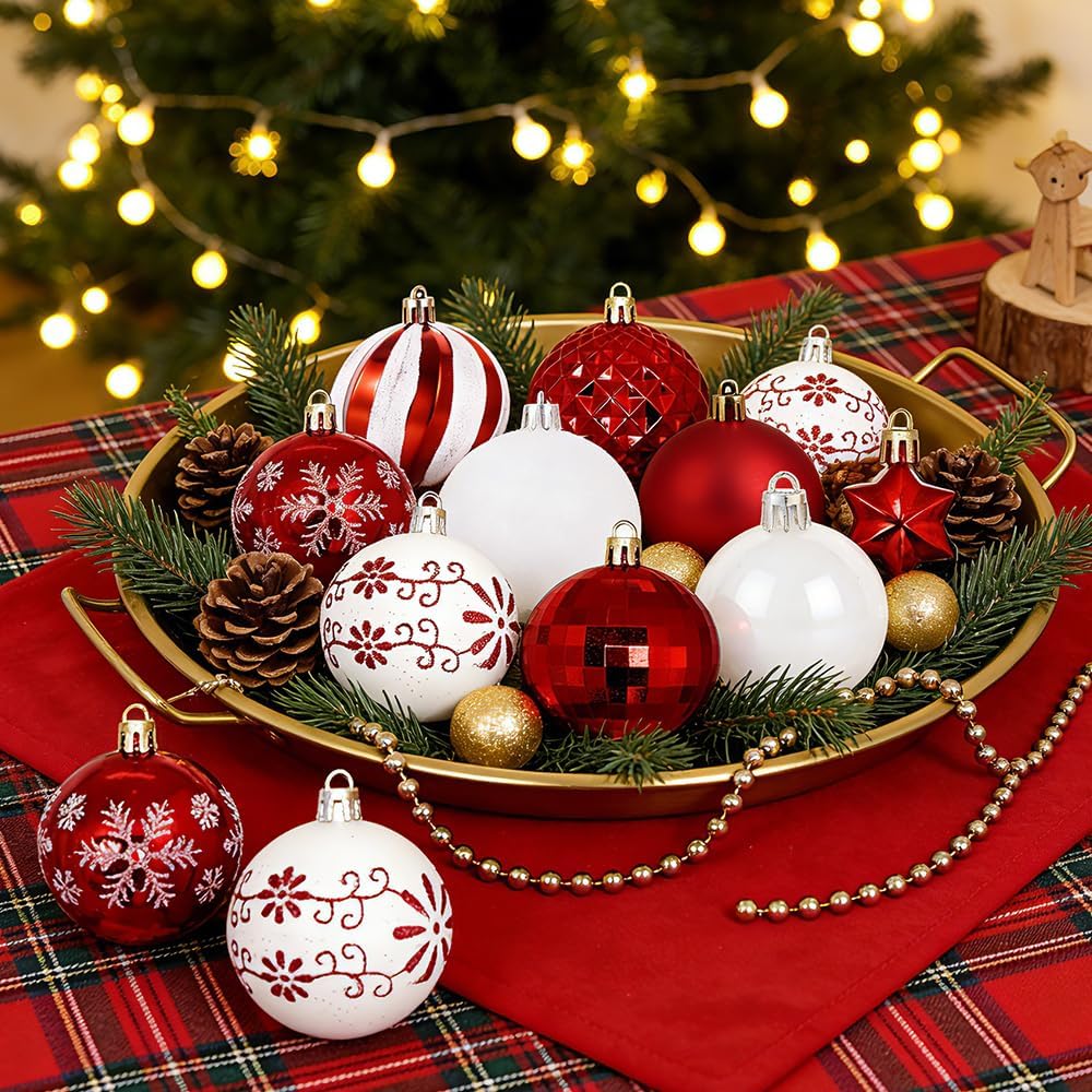 Christmas Ball Ornaments Set, Shatterproof White and Red Assorted Hanging Ornaments Xmas Tree Ball - Set of 44