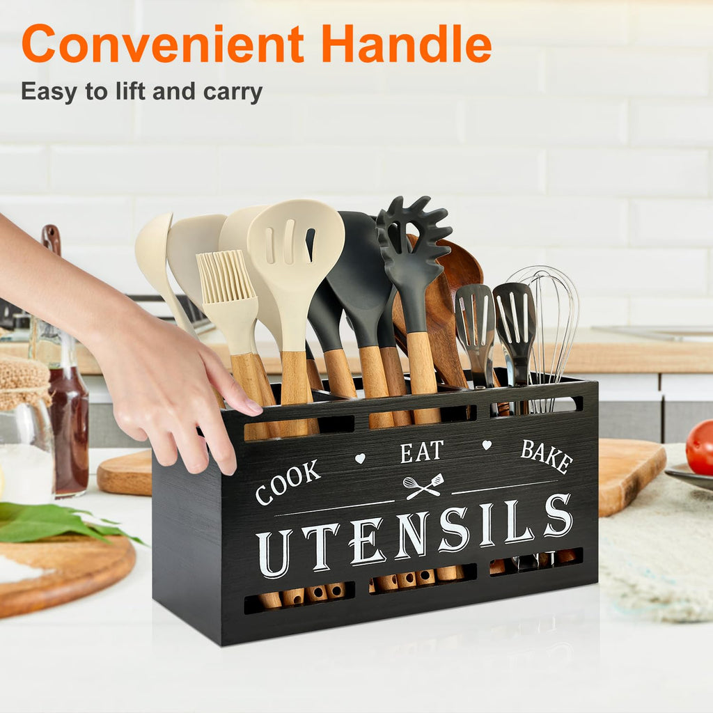 Large Black Wood Utensil Holder Decor Spoon Spatula Organizer