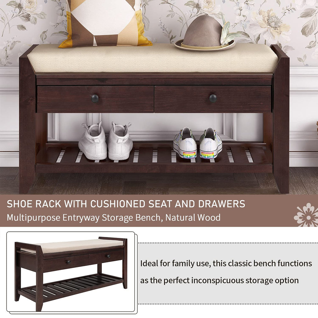 Modern Wood Shoe Rack Bench with Storage and Seat Cushion Entryway Bench with Shoe Shelf Espresso