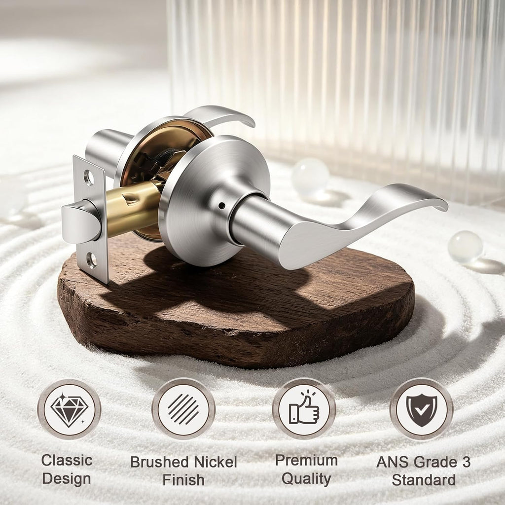 10 Pack Satin Nickel Modern Interior Passage Door Knobs, Keyless Door Handle & Closet, Wave Style Non-Locking Door