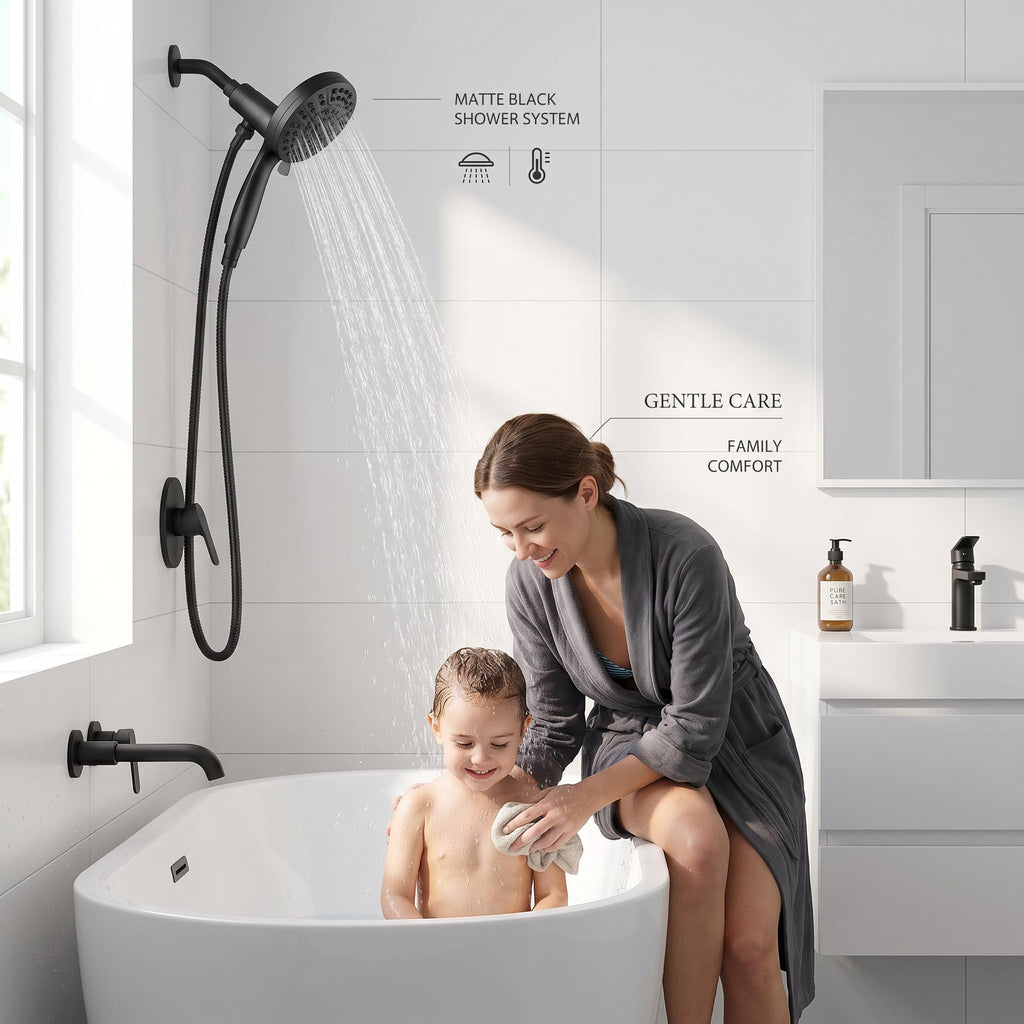 High Pressure Handheld Shower Head Matte Black- Anti-clog Nozzles, Built-in Power Wash to Clean Tub, Wall & Overhead