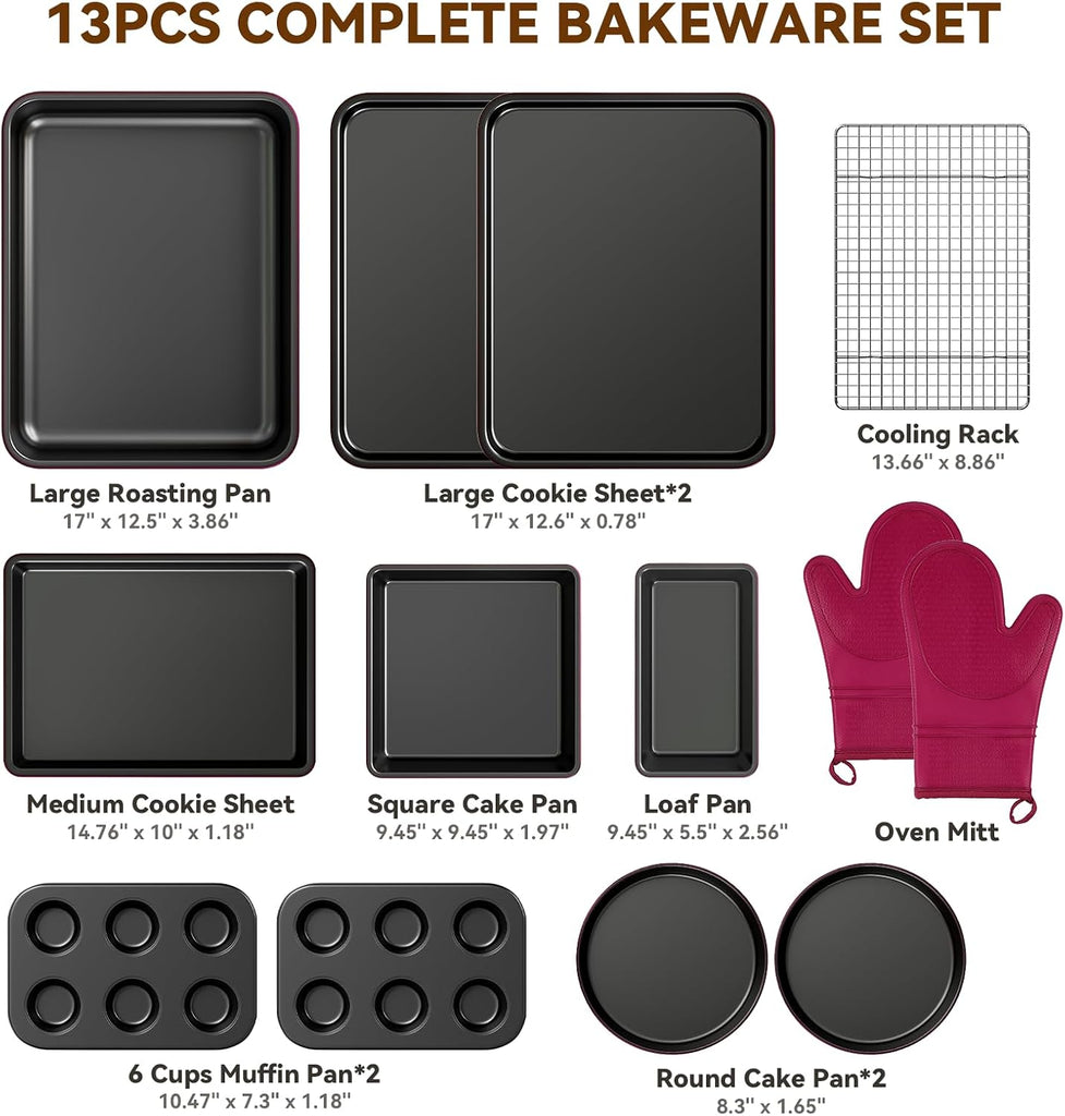 13-Piece Pans Set, Nonstick Bakeware Sets, Plum | Includes Cookie Sheet with Rack, Cake Pan, Loaf Pan, Roasting Pan