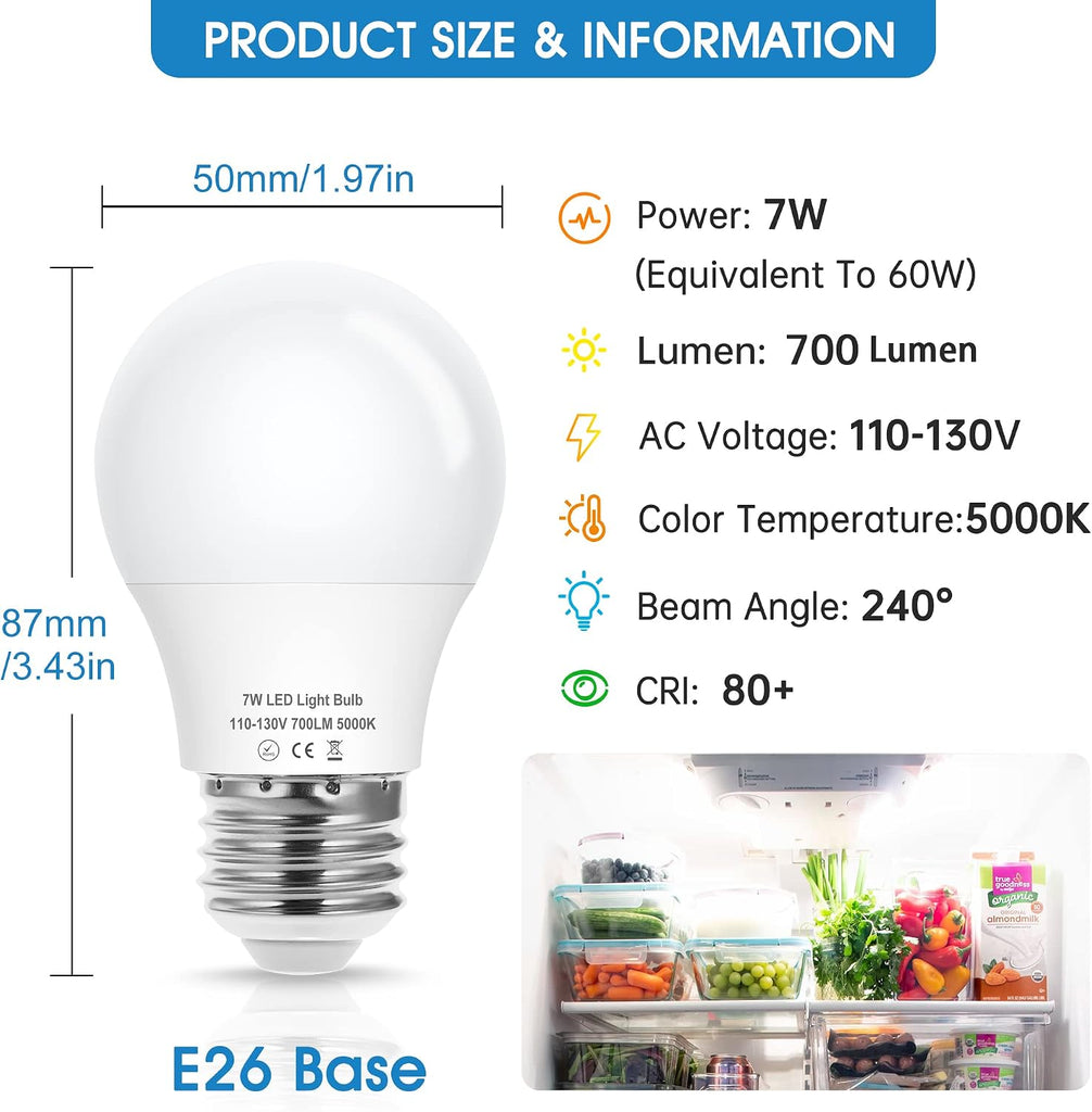 60W Equivalent 7W A15 Refrigerator Waterproof Light Bulb E26 base 5000K