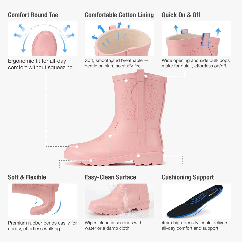 Western Cowboy Kids Rain Boots, Toddler Rubber Boots for Boys Girls
