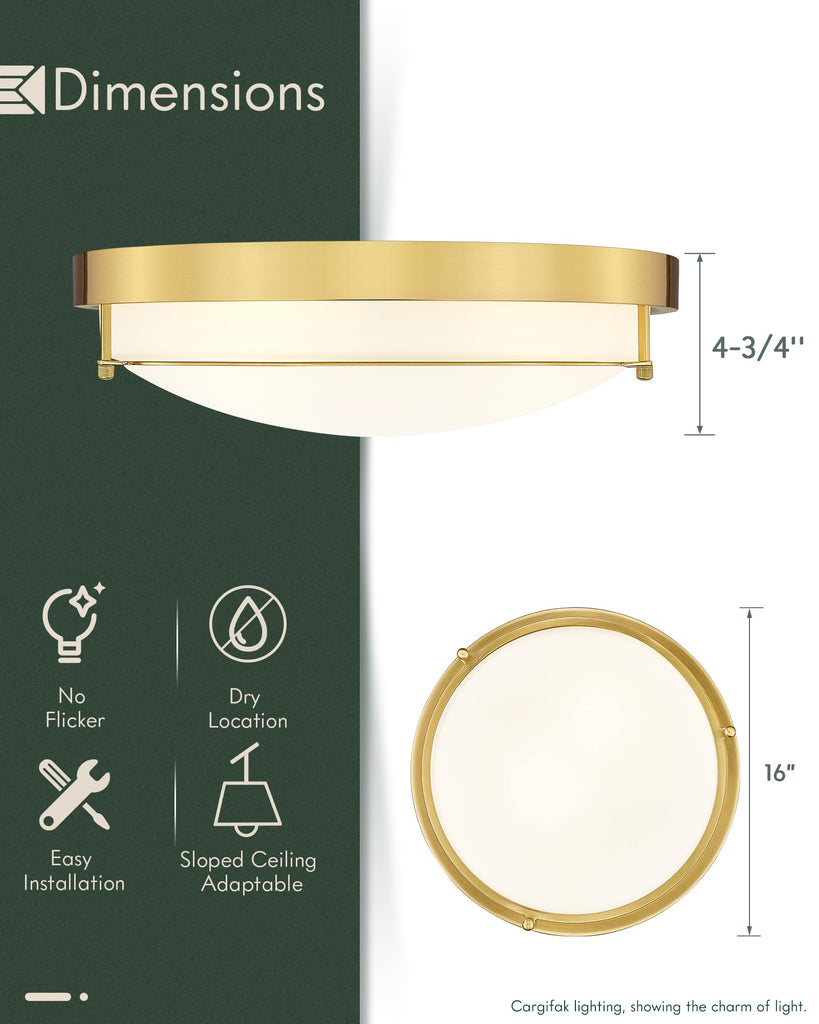 16 Inch Flush Mount Ceiling Light, White Frosted Glass, Gold