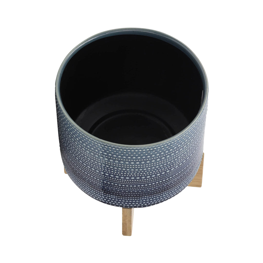 Dotted Decorative Planter Pot with Wood Stand - Ceramic Stoneware Outdoor & Indoor Plant Pot with Drainage Holes