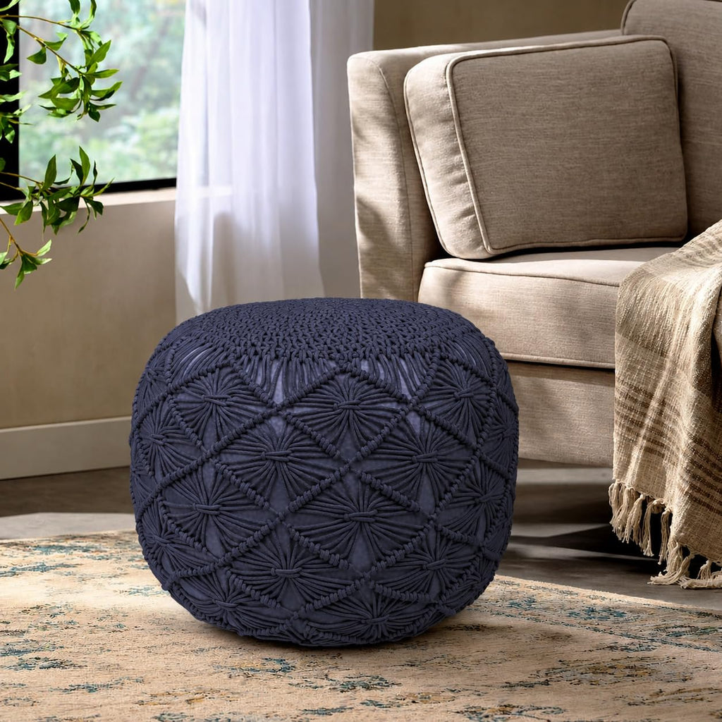 Macrame Pouf Ottoman 20x20x14 Blue Handwoven Dori Footrest Stool