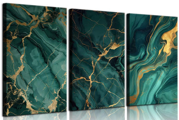 Emerald Green and Gold Canvas Wall Art Set of 3 Abstract Green Gold Marble Fluid Wall Decor Pictures Neutral Modern