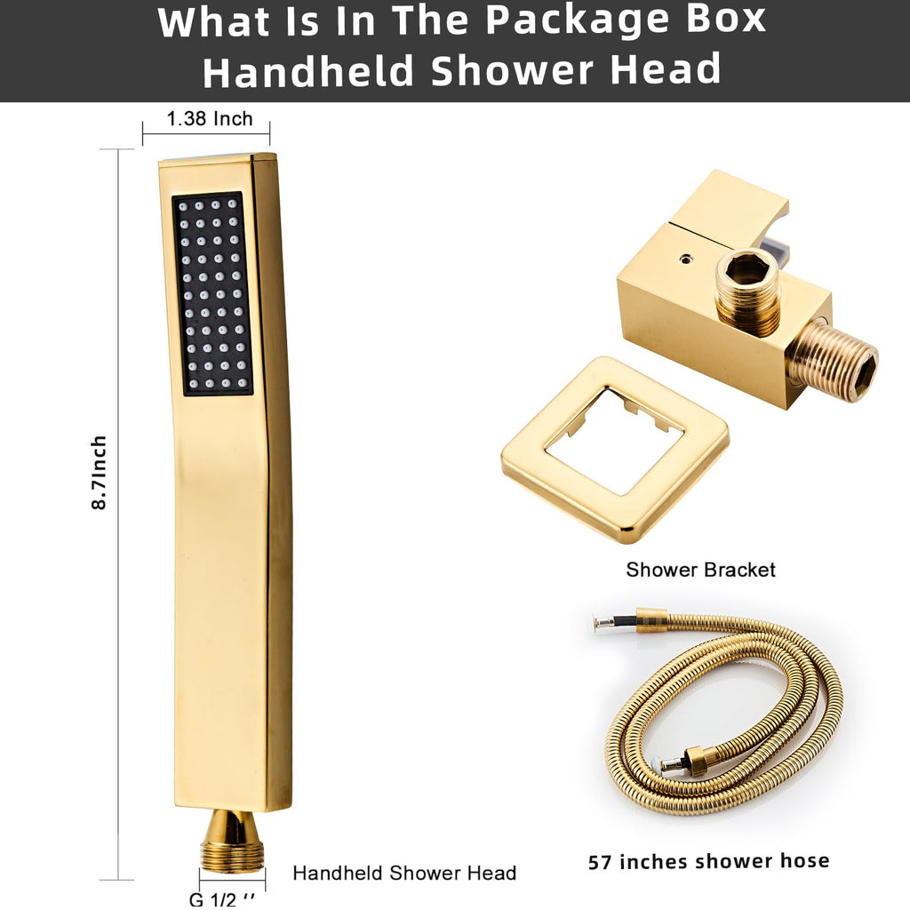 Handheld Shower Head,High Pressure Brushed Gold Shower Head,Water Saving Detachable Shower Wand with Solid Brass Body
