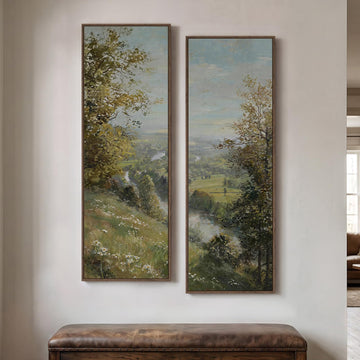 Large Framed Vertical Vintage Landscape Wall Art, 60x20 In