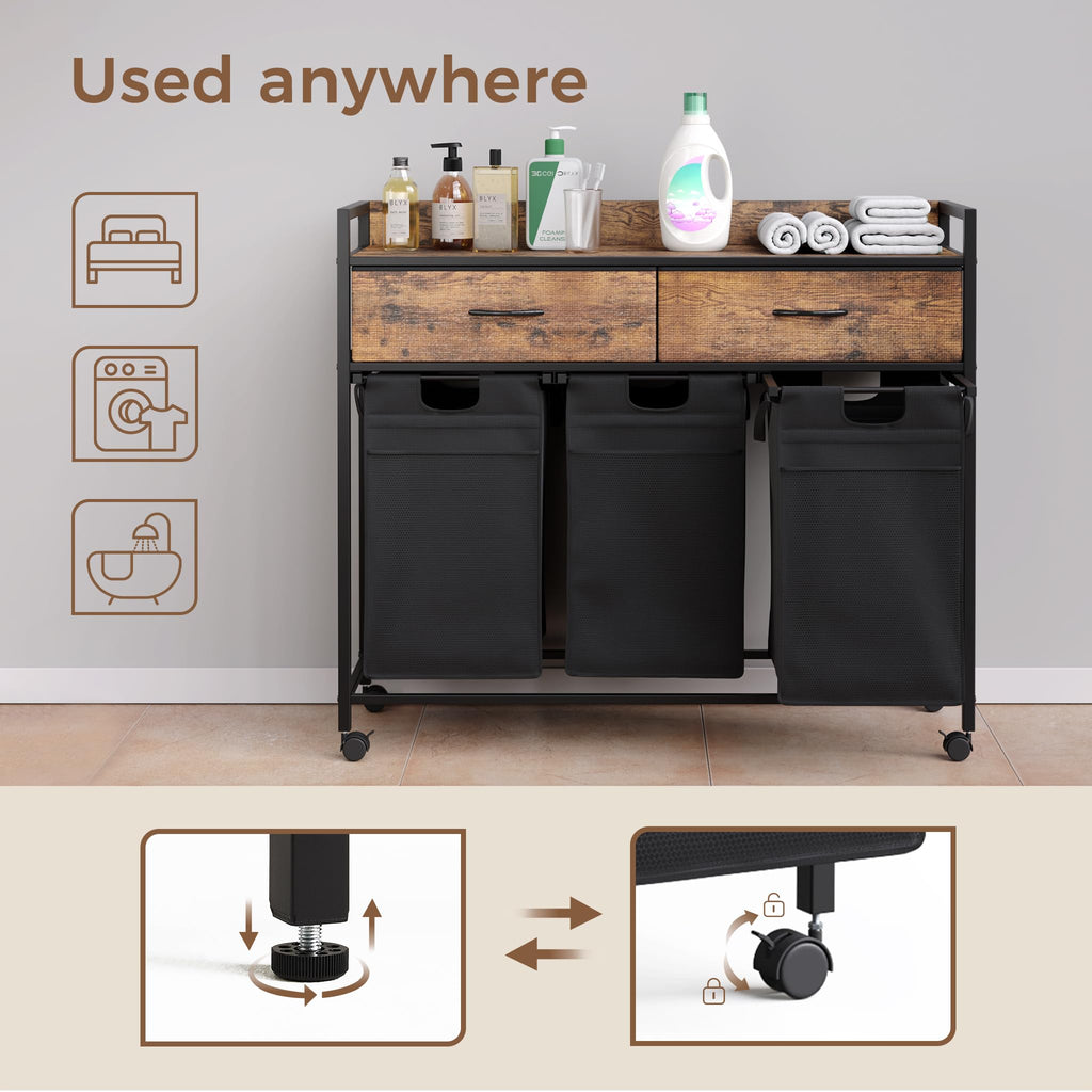 Laundry Sorter 3 Section with 3 Bags 4 Wheels 2 Drawers
