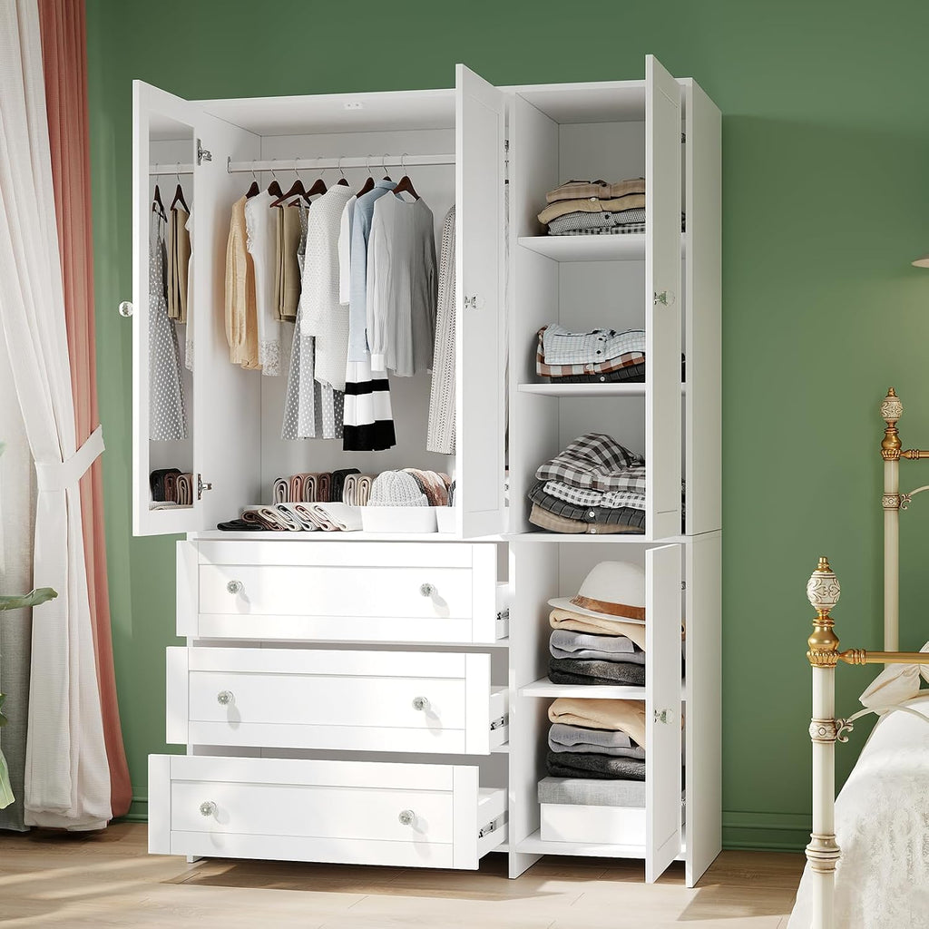 71" Armoire Wardrobe Closet with 3 Drawers and Mirror | Clothing Storage Cabinet with Hanging Rod, 4 Doors Wooden