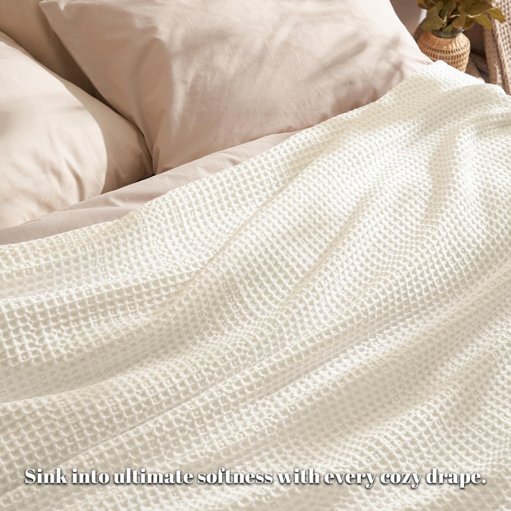 Ultra Soft Waffle Weave Blanket for Bed, Queen Size, Coconut White