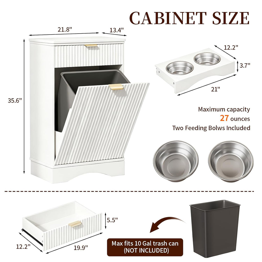10 Gal Trash Cabinet with Pet Feeding Station, Tilt-Out Hidden Bin, White