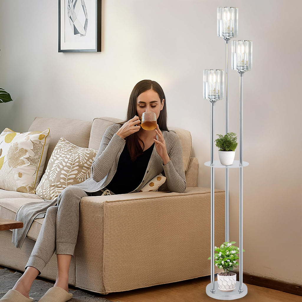 Crystal Floor Lamps, Modern Floor Lamp with Shelves, 3-Lights Standing Lamp with Crystal Shade, On/Off Foot Switch