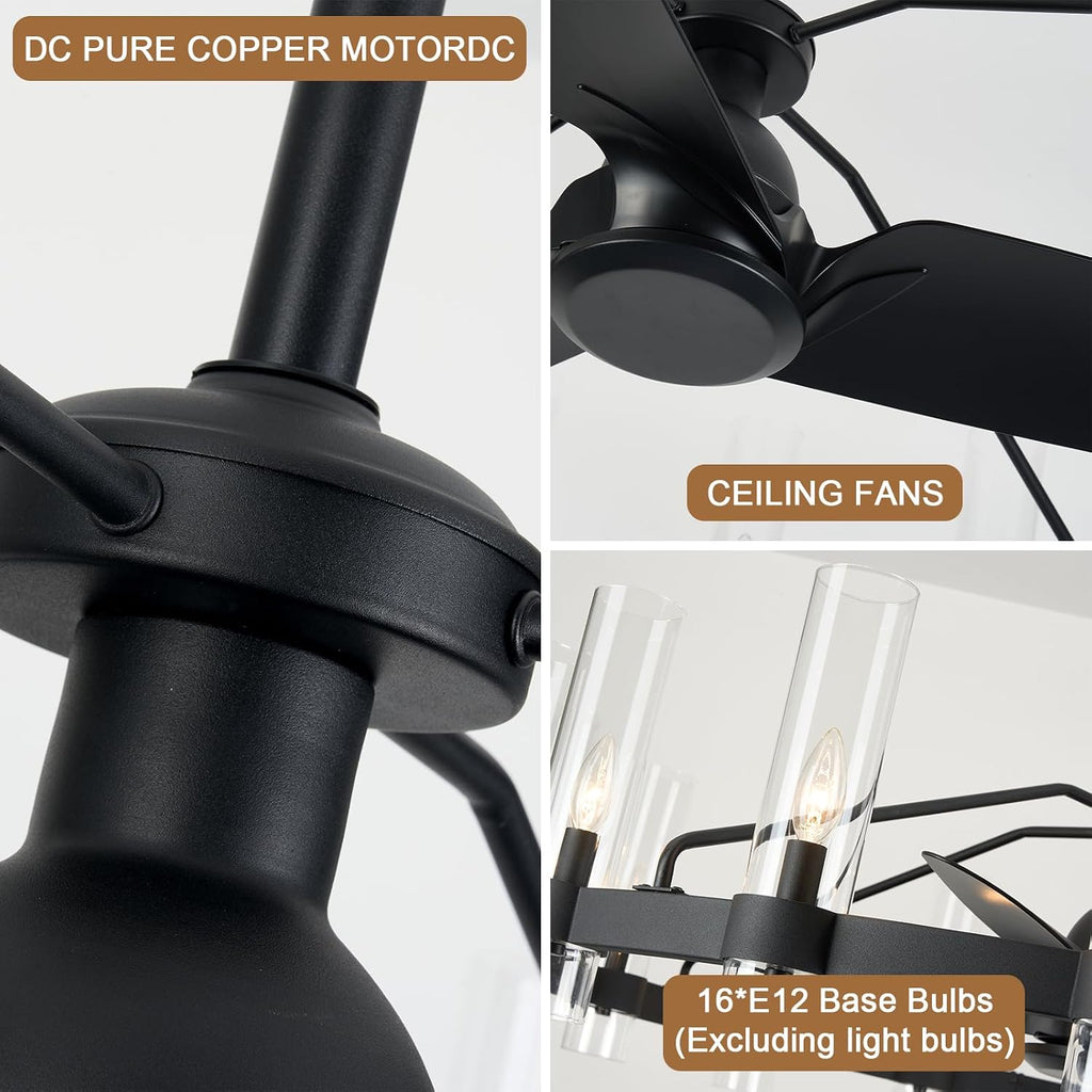 Black Ceiling Fans with 16 Lights Wagon Wheel Chandelier, 48 Inch Modern Farmhouse Fandelier, Quiet 6-Speed Reversible DC Motor, 1/2/4H Remote Timing for Living Room/Bedroom/Kitchen A115-B0F5M3KHDN