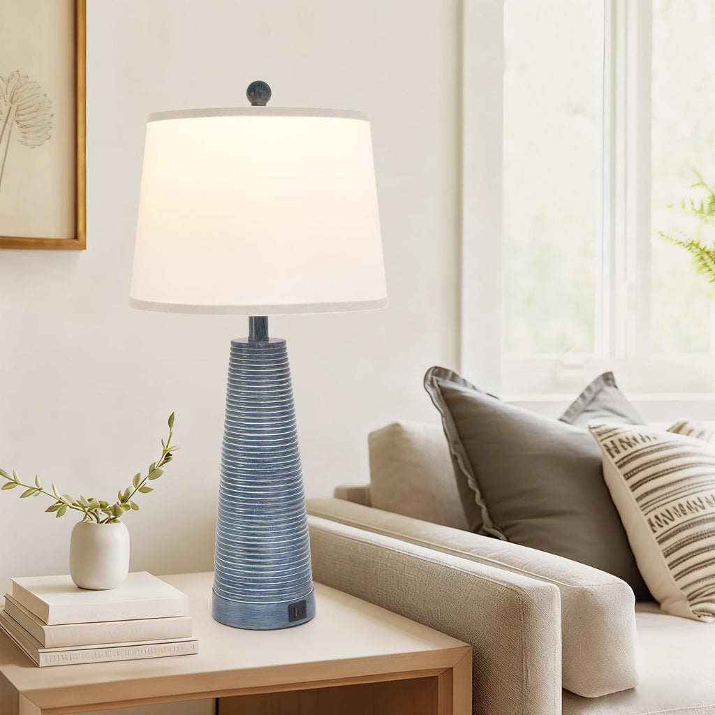 Nightstand Lamp Bedside Lamps Vintage Rustic Farmhouse Table Lamp 3 Way Dimmable Horizontal Stripe Light, Bedroom, USB